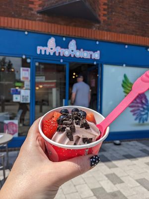 Vegan berry cheesecake froyo topped with strawberries, blueberries and oreos at Myfroyoland in Camberley