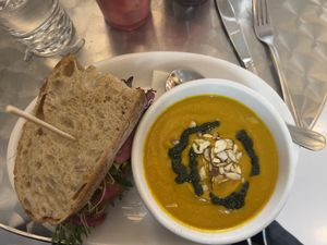 Carrot ginger, soup, and chickpeas sandwich  at Mojo Market in Buffalo