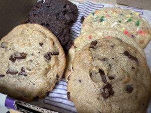 Vegan chocolate chip, double chocolate, and birthday cake   at Insomnia Cookies in Huntsville