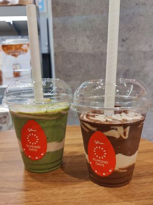Almond drinks with kiwi and veg (left) and chocolate (right) at Almond Days in Tokyo