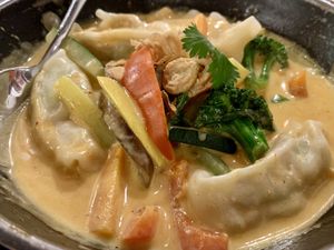 Ichi Creamy Potsticker in curry sauce made vegan with veggie potsticker instead of pork  at Ichi Togarashi in Naples