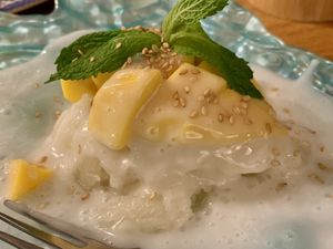 Mango Sticky Rice dessert served at perfect warm temperature  at Ichi Togarashi in Naples