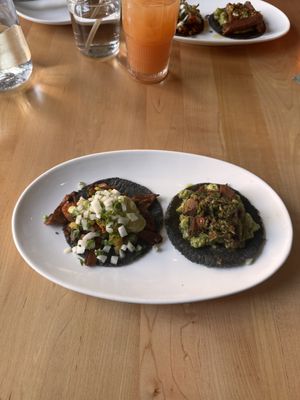 Left al pastor tacos and the right carne asada   at La Semilla in Atlanta