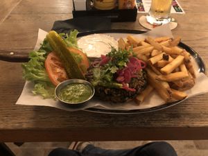 Vegan burger with fries  at Black Tap Mamsha Al Saadiyat in Abu Dhabi