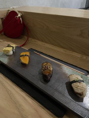 Mushroom, eggplant, butternut squash, and tamago nigiri  at Kusaki - Pop-up in Los Angeles