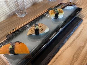 Veggie sushi-squash, mushroom, eggless tamago, eggplant miso  at Kusaki - Pop-up in Los Angeles