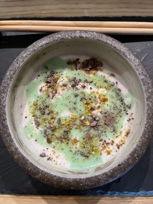 Coconut pudding with pistachio and dark chocolate. It was so light and decadent   at Kusaki - Pop-up in Los Angeles