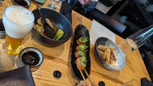 Maiitake mushroom wontons (excellent), crispy rice (v good) and Portobello fries (Ok Ok) at Kusaki - Pop-up in Los Angeles