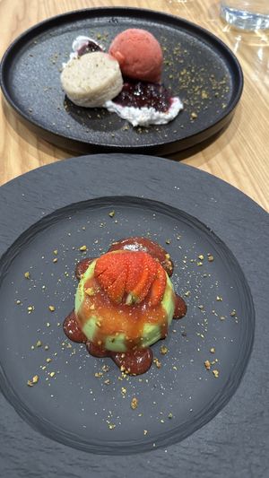 Panna cotta & sorbet with cake  at Kusaki - Pop-up in Los Angeles