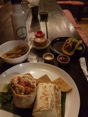 Vegan burrito, taco and wedgez at Cilantro Ubud in Ubud