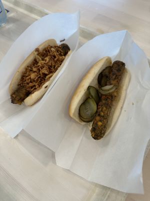 Vegan hot dogs with onion and with pickles  at IKEA in Zaragoza