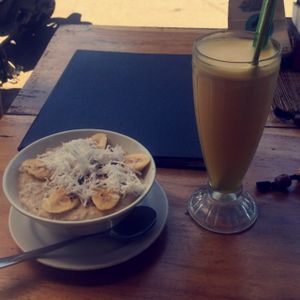 Fresh juice and coconut porridge at Dayu's Warung in Ubud