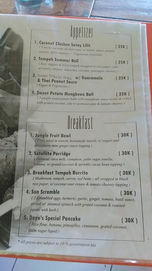 Menu at Dayu's Warung in Ubud