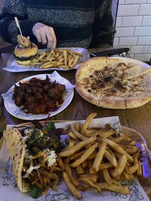 Vegan: surf and turf burger, garlic bread, cauliflower wings and schwarma   at The Head of Steam in Sheffield