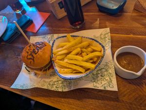 Vegan katsu burger and house fries at The Head of Steam in Sheffield