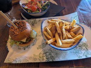Vegan cheeseburger and fries at The Head of Steam in Sheffield