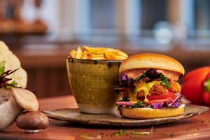 Cheasy facon burger with nuggets instead of homemade patty at Nordur in Aalborg