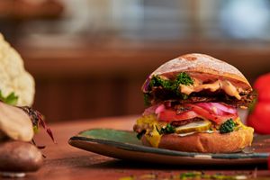 Gluten free cheasy facon burger. All the burgers can be made gluten free. at Nordur in Aalborg