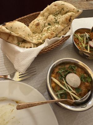 Chana masala and vegan garlic naan  at Jewel Of India in Sao Miguel