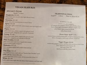 Vegan menu at Ianni's Pizzeria in Vandergrift