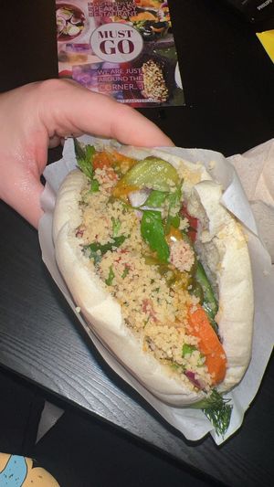 Falafel pita with toppings from the salad bar    at Maoz - Muntplein in Amsterdam