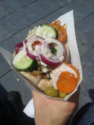 Falafel sandwich with hummus and aubergine at Maoz - Muntplein in Amsterdam