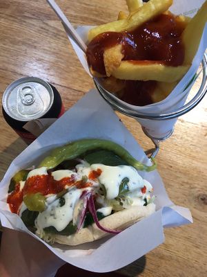 small falafel meal, the fries have curry sauce and the wrap has garlic sauce yumm! at Maoz - Muntplein in Amsterdam