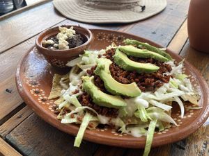 Chilaquiles with chorizo (bigger than it looks in this photo)    at Vegan Barrio in Cozumel