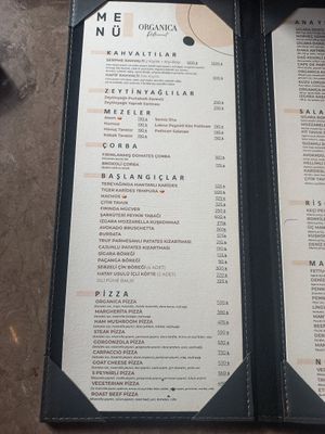 Menu at Organica Restaurant in Istanbul