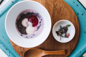 Vegan cherry blossom "zenzai" (red bean soup with mochi) at TREE by NAKED - Yoyogi Park in Tokyo