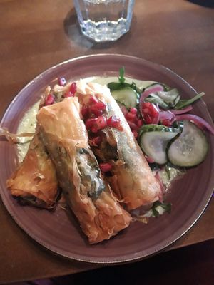 Spinach & vegan feta filo pies at Dam Bar in Tampere