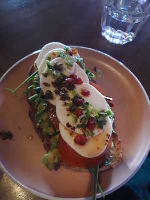 Avocado & vegan mozzarella toast at Dam Bar in Tampere