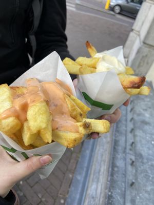 Fries with Mayo and spicy Mayo (both vegan) at Maoz - Leidsestraat in Amsterdam