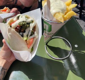 Eggplant pita & fries with garlic sauce   at Maoz - Leidsestraat in Amsterdam