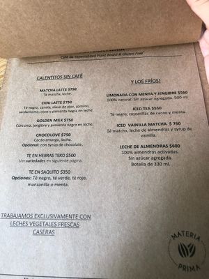 menu at Materia Prima Café in Buenos Aires