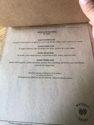 menu at Materia Prima Café in Buenos Aires