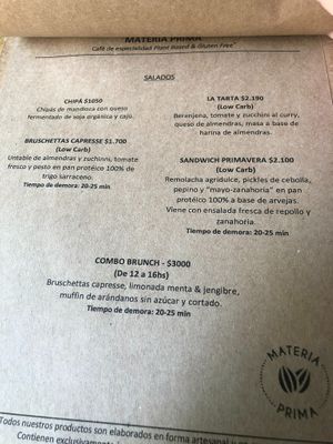menu at Materia Prima Café in Buenos Aires