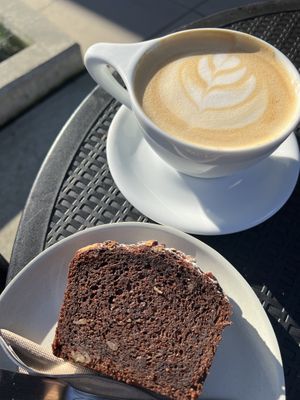 Oat latte and mocha banana bread  at Nomad Coffee in North Vancouver