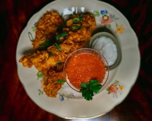 King oyster mushroom pakora with tomato and paprika dip & lime yoghurt at Manto in Malmo