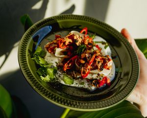 Manto dumpings with garlic yoghurt and chana dal at Manto in Malmo