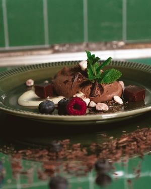 Chocolate mousse, cardamom almonds, lemon curd at Manto in Malmo