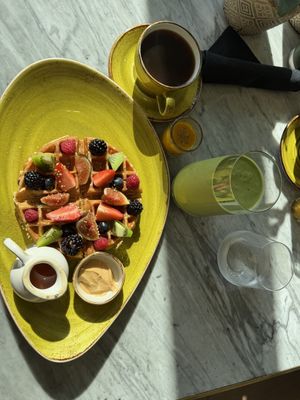Protein waffles and green smoothie!  at Plantissa in Playa Del Carmen