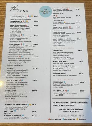 Vegan options on menu  at Mr Hubert's Cafe in Warragul