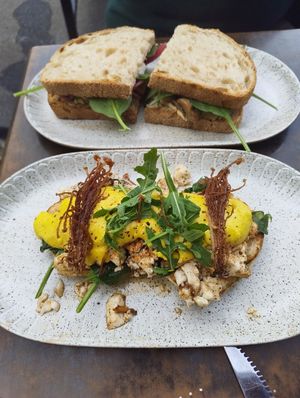 Scrambled Tofu Benedict and Mushroom Toastie at Mr Hubert's Cafe in Warragul