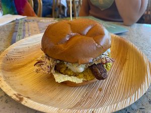 Breakfast sando with tofu scramble and tempeh bacon at Tyger Tyger in Santa Barbara