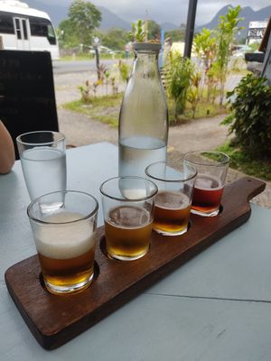 Vegan craft beer flights at La Fortuna Pub in La Fortuna