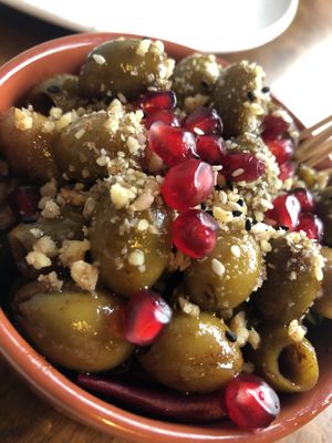 Pistachio and pomegranate olives  at Pistachio Bar & Kitchen in Nottingham