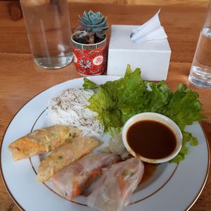 Spring rolls. I asked for half to be fried, half not. But usually they are all fried. at The White Lotus Cafe in Kathmandu