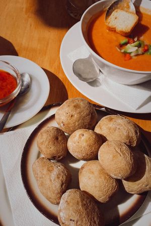 Canarian potatoes, mojo rojo and gazpacho  at La Fuente in Tenerife