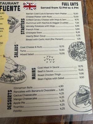 Lunch menu   at La Fuente in Tenerife